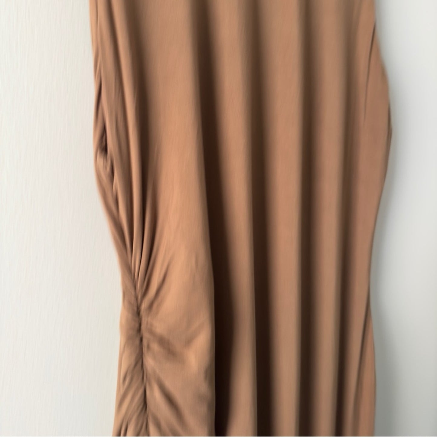 Lovers + Friends Revolved Tan Midi Dress cinched ruched asymmetric sleeveless L