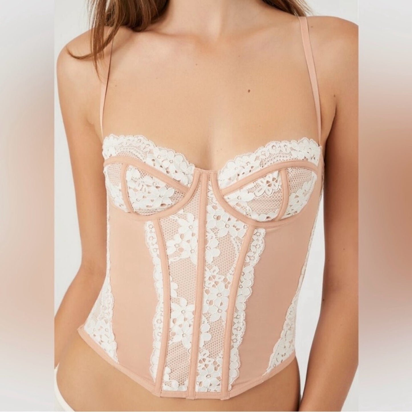 Forever 21 Lace Bustier Pink White Corset Top Adjustable Spaghetti Strap Sexy S