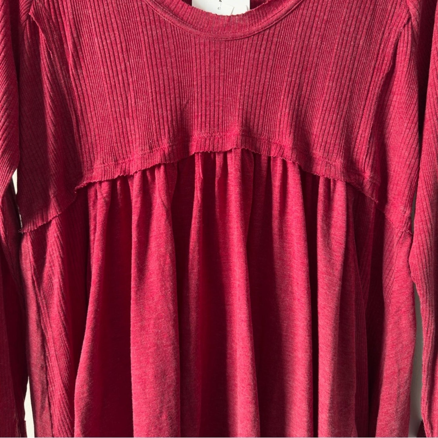 True Craft Red Babydoll Top Long Sleeve round neck cotton blend solid ribbed NWT