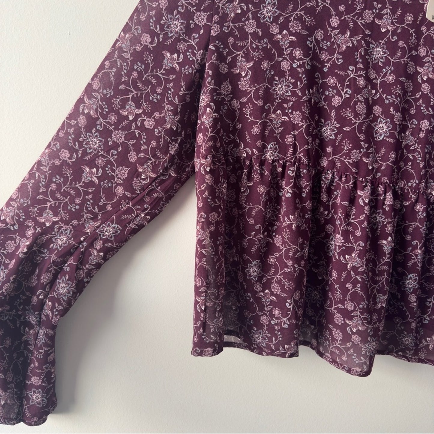 Aeropostale Floral Burgundy Babydoll Top sheer long bell sleeves keyhole button