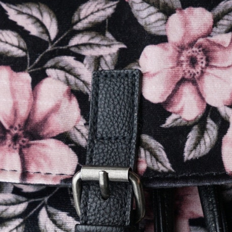 Velour Floral Backpack Faux Leather Straps Drawstring Velvet Mini Front Pocket