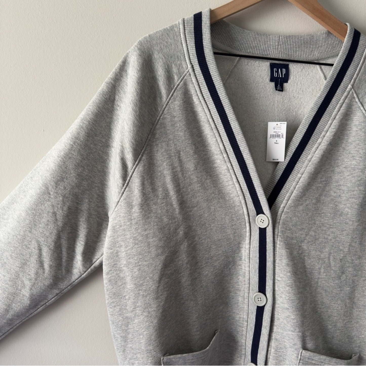 Gap Vintage Soft Oversized Cardigan Gray Sweater Navy Trim Button Down Cozy NWT