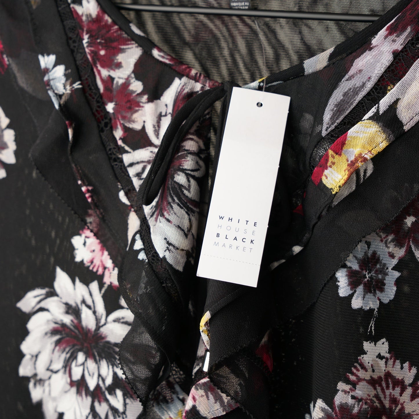 White House Black Market Long Sleeve Mesh Ruffle Top in Dark Berry with Ecru NWT