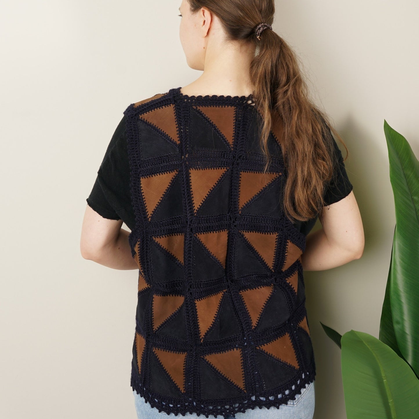 Vintage 1970s Suede Crochet Patchwork Vest Wooden Buttons Triangle Sleeveless