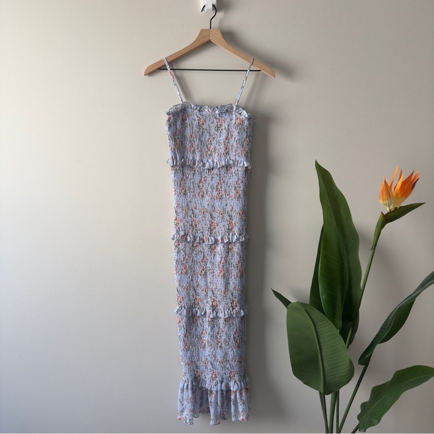 Anthropologie Mable Asher Smocked Midi Dress Blue Floral Ruffle Tiered Bodycon M