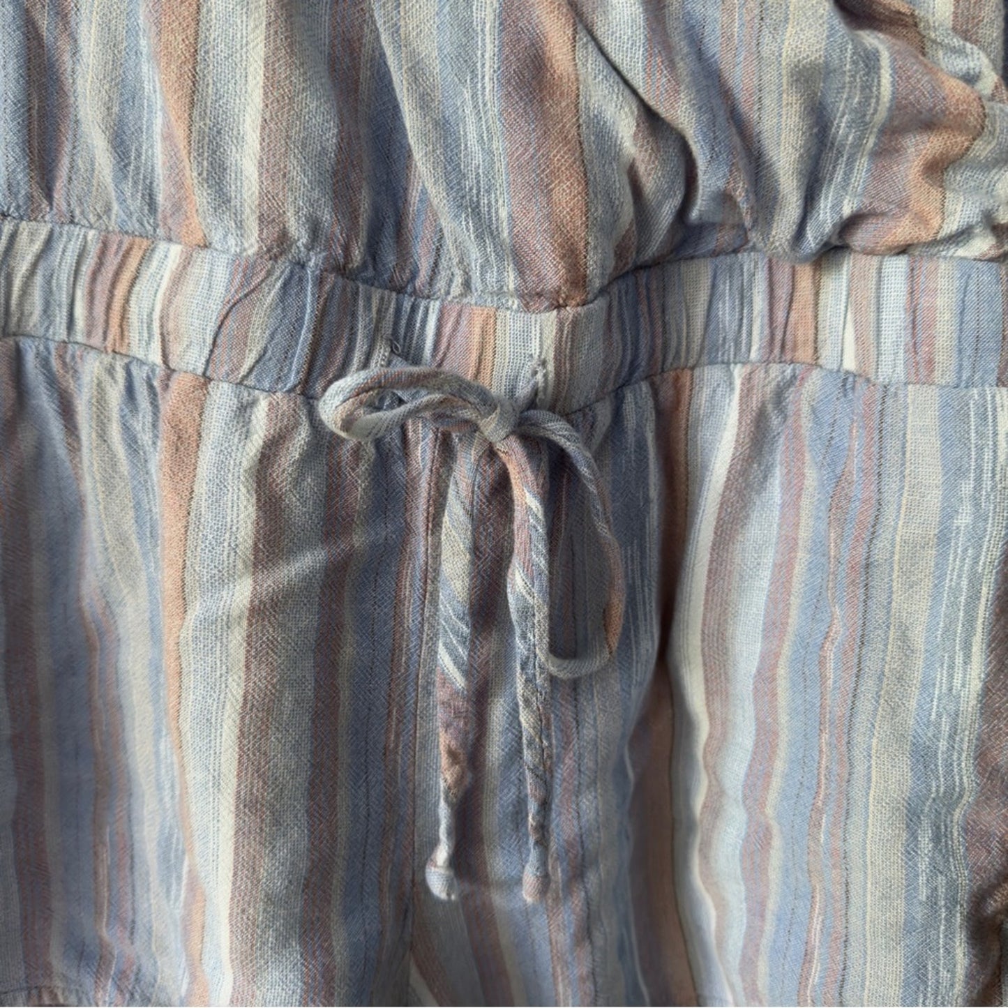 Anthropologie Cloth & Stone Striped Romper Spaghetti Strap Tie Waist Pockets EUC