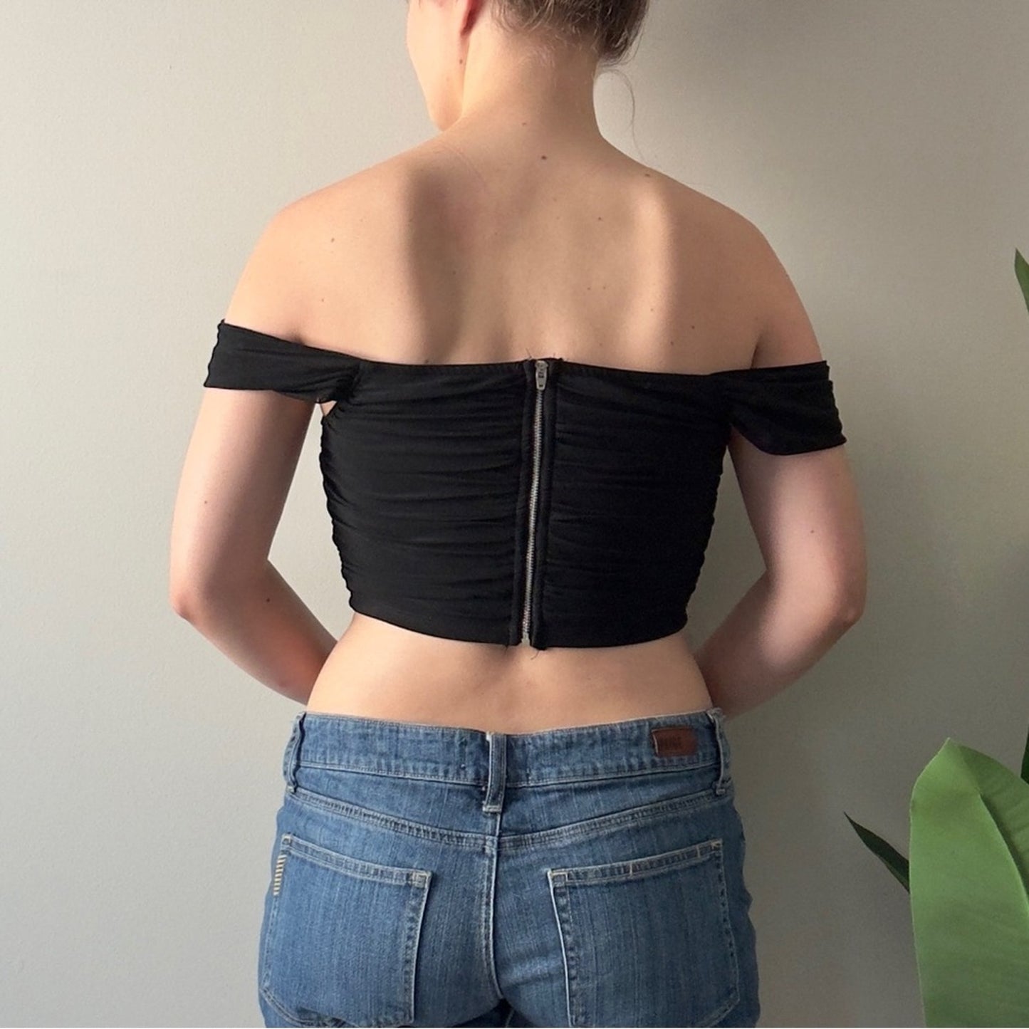 Shein Ruched Black Off-Shoulder Crop Top Corset Style Sleeveless Solid Zip Back