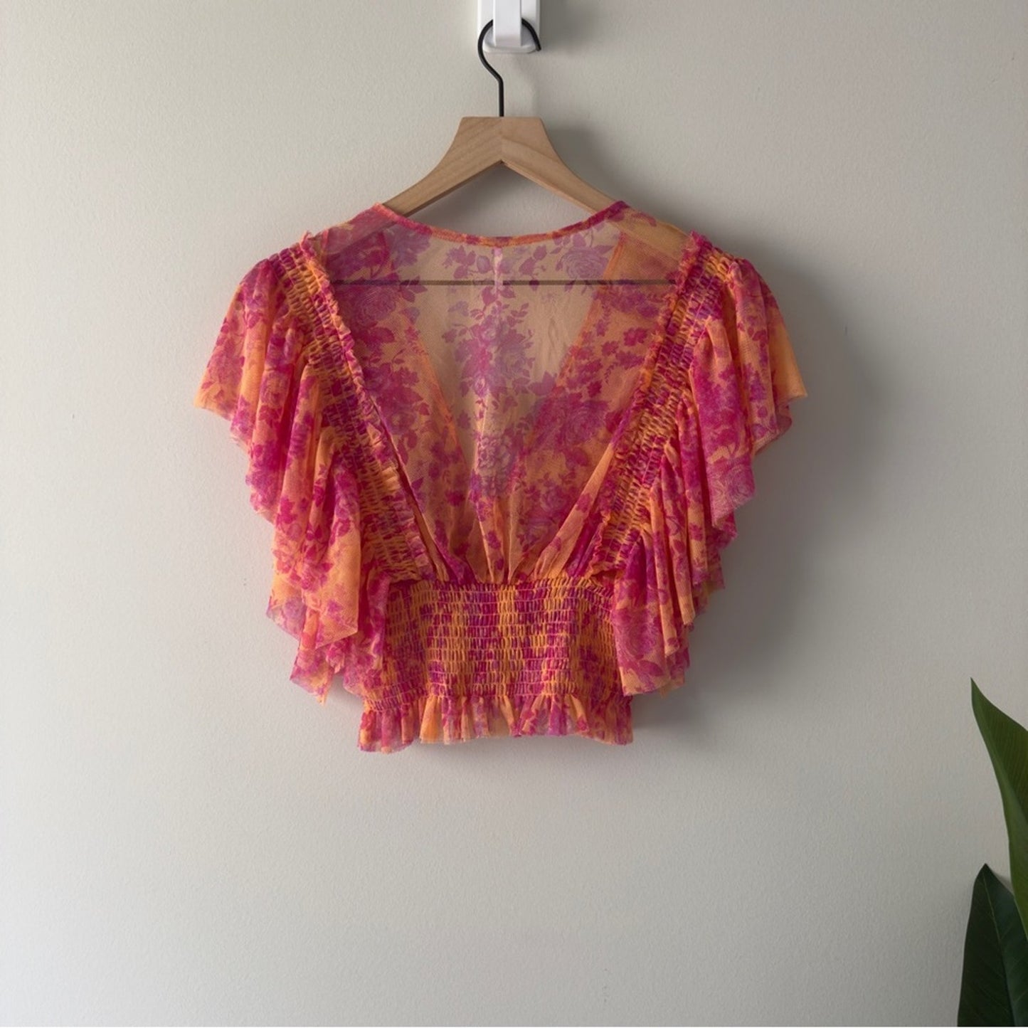 Free People Sugar Top in Hot Tropics Floral Pink Orange Top Fairycore Button NWT