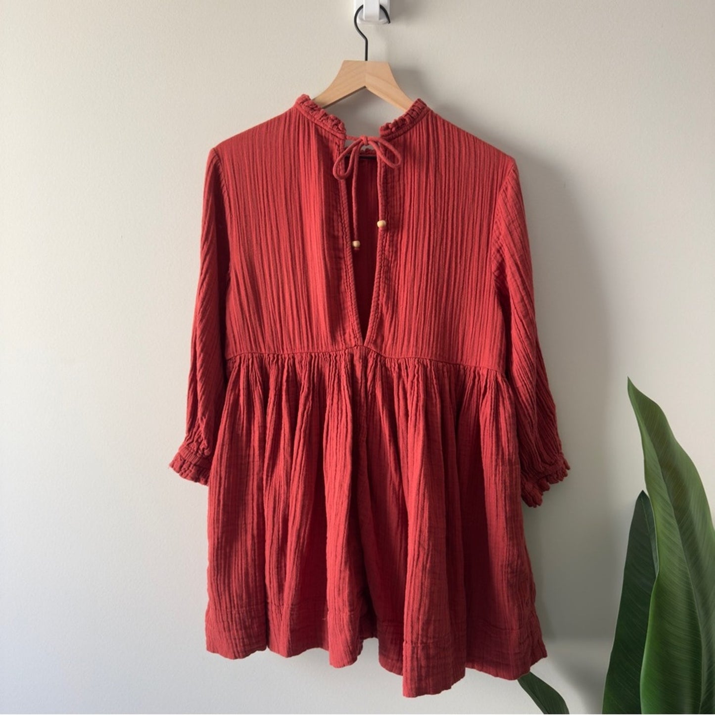 Free People 100% Cotton Terracotta Mini Dress gauze fabric keyhole tie ruffle S