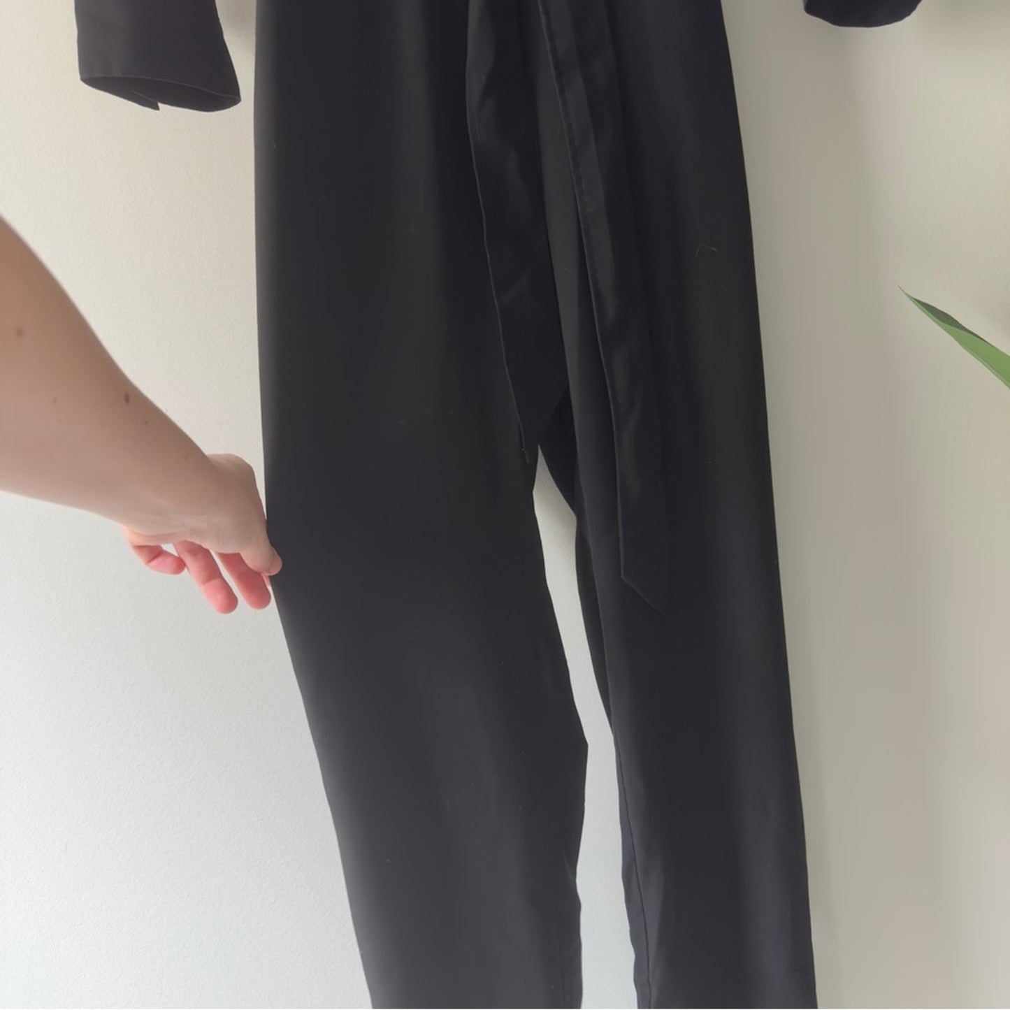Calvin Klein Black Button-Up Front Jumpsuit Gold Accents Zipper Pockets Tie Belt