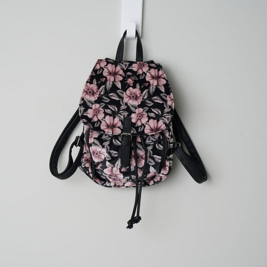 Velour Floral Backpack Faux Leather Straps Drawstring Velvet Mini Front Pocket