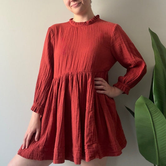 Free People 100% Cotton Terracotta Mini Dress gauze fabric keyhole tie ruffle S