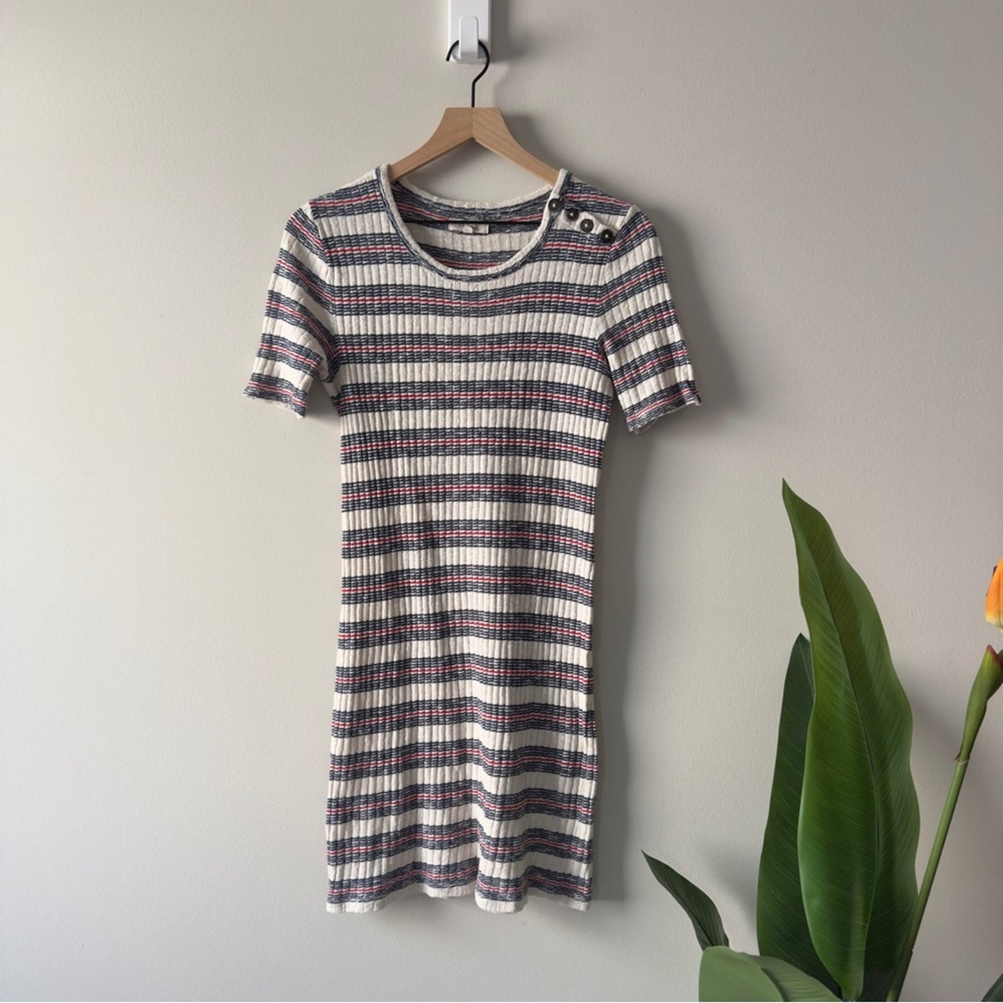 Madewell Ribbed Striped Knit Dress Short Sleeve Bodycon crew neck preppy buttons