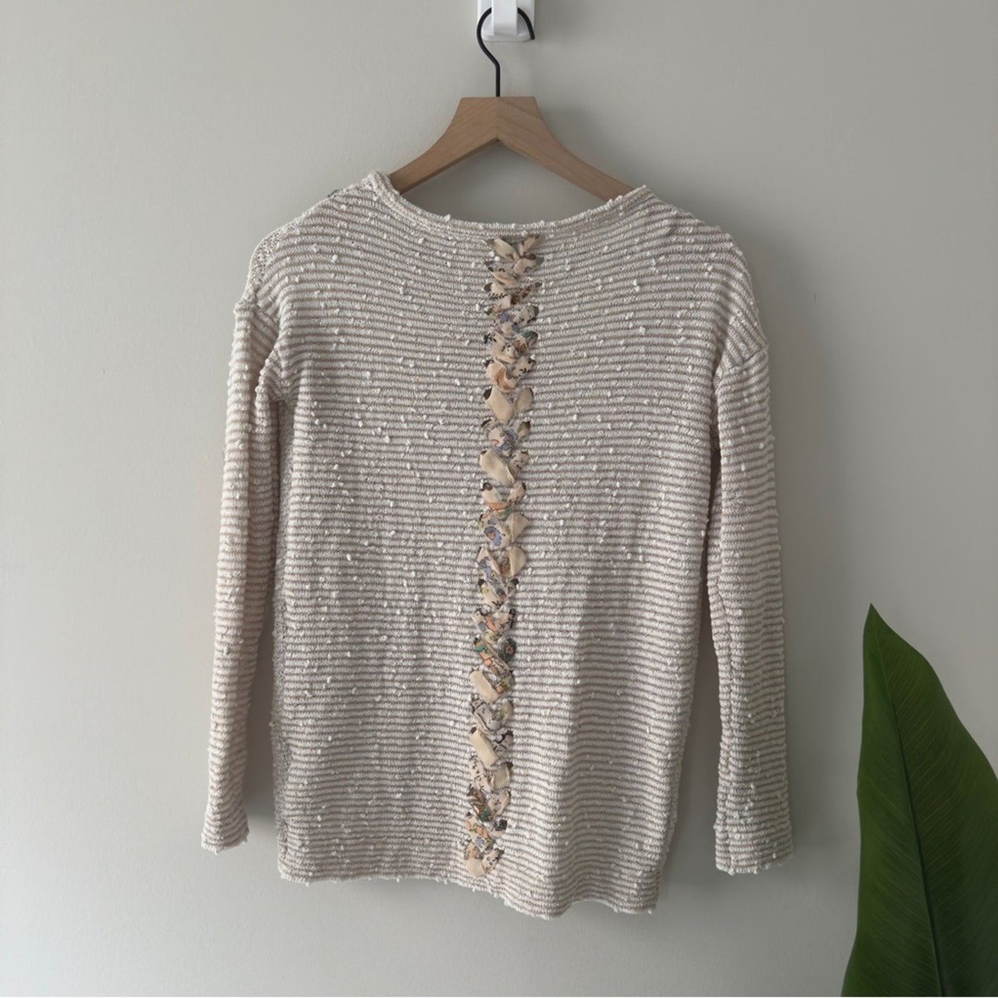 Anthropologie Akemi + Kin Cream Gray White Ribbon Embellished Knit Sweater Top
