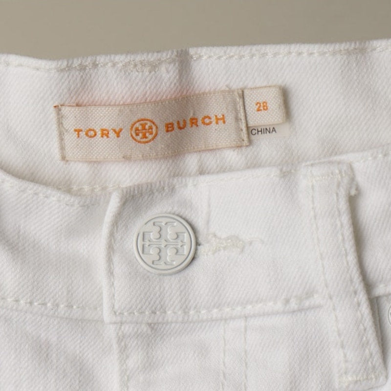 Tory Burch Keira High-Rise Cropped Jeans Floral Eyelet Motif Hem Cotton Zip EUC