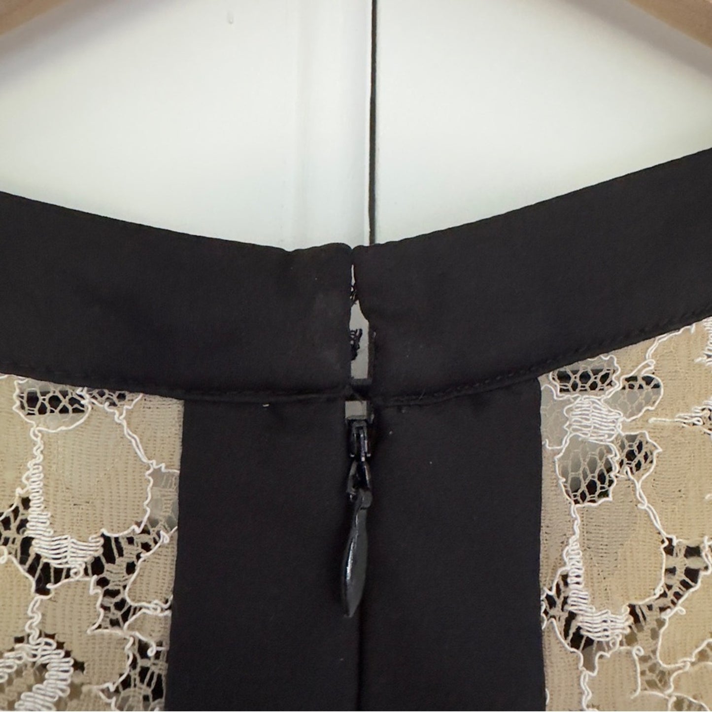 Max and Cleo Lace Mini Dress Sleeveless Tan Black Contrast Lined Zip Up Zipper 8