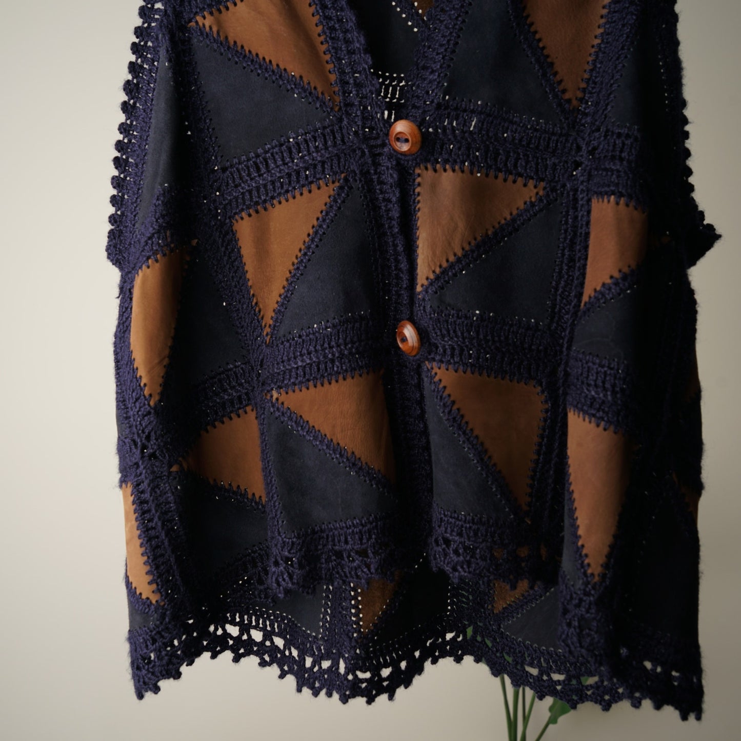 Vintage 1970s Suede Crochet Patchwork Vest Wooden Buttons Triangle Sleeveless