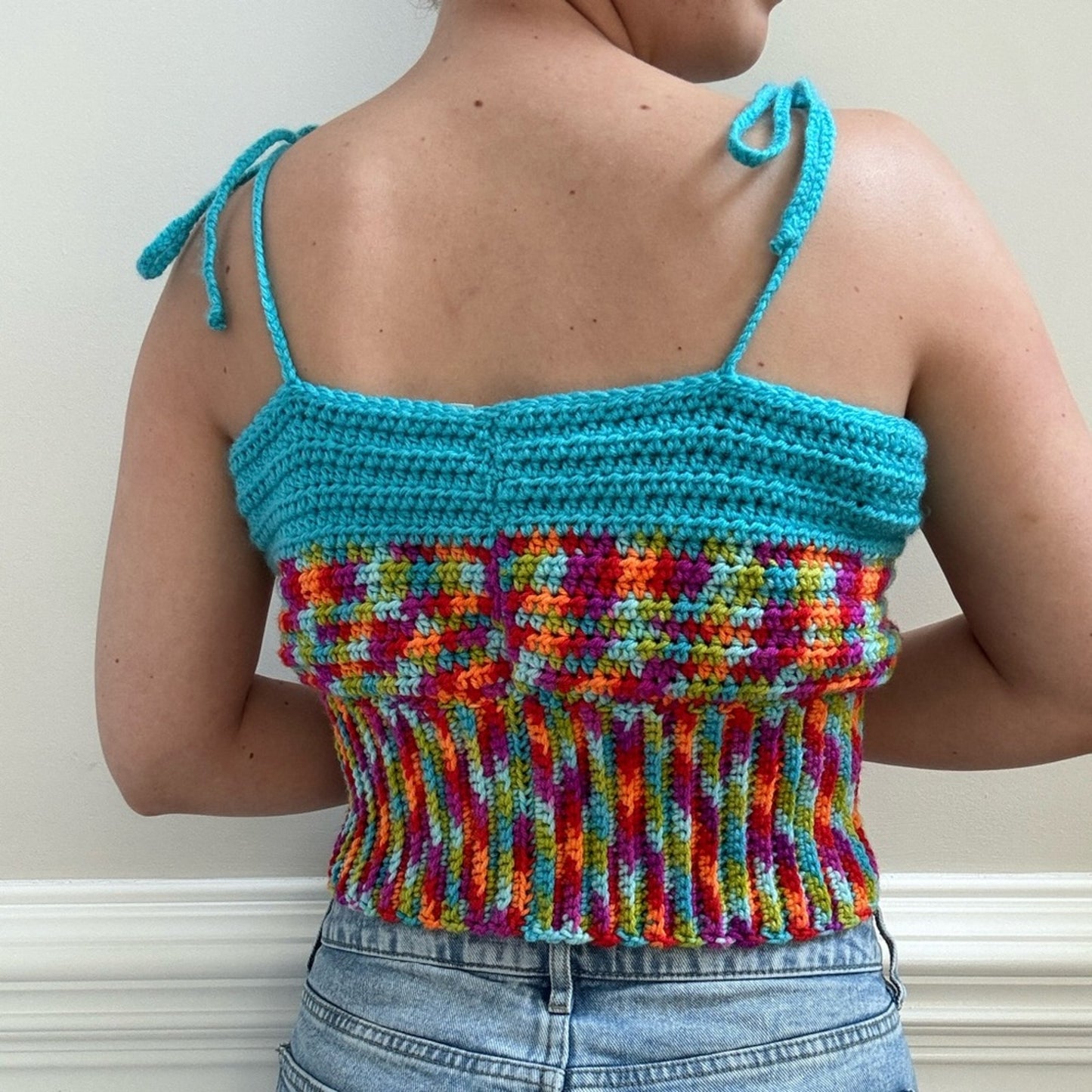 Handmade Crochet Adjustable Tie Strap Crop Top 100% Recycled Rainbow Tank Cami L