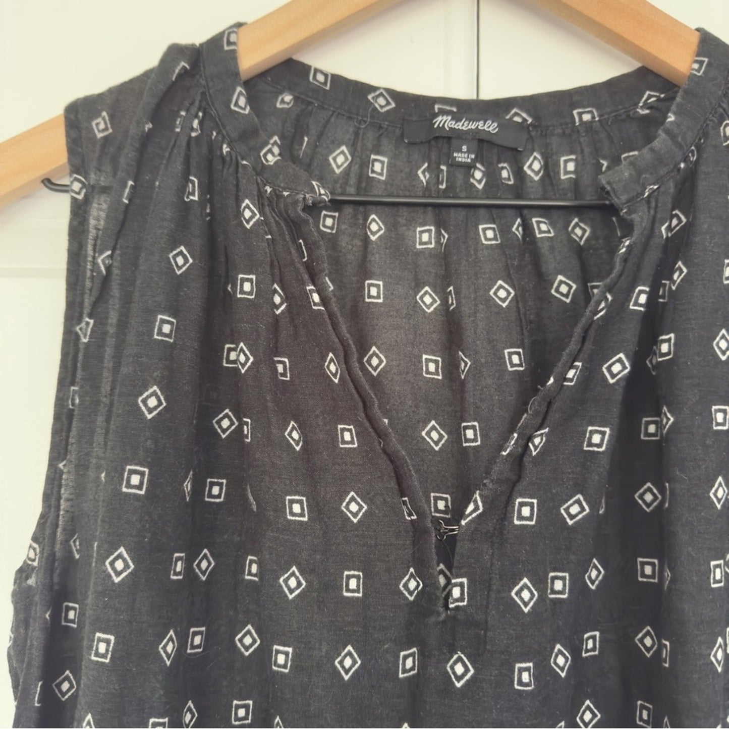Madewell Tassel Hem Tank Top Geometric Aztec Print Sleeveless Ruched V-neck