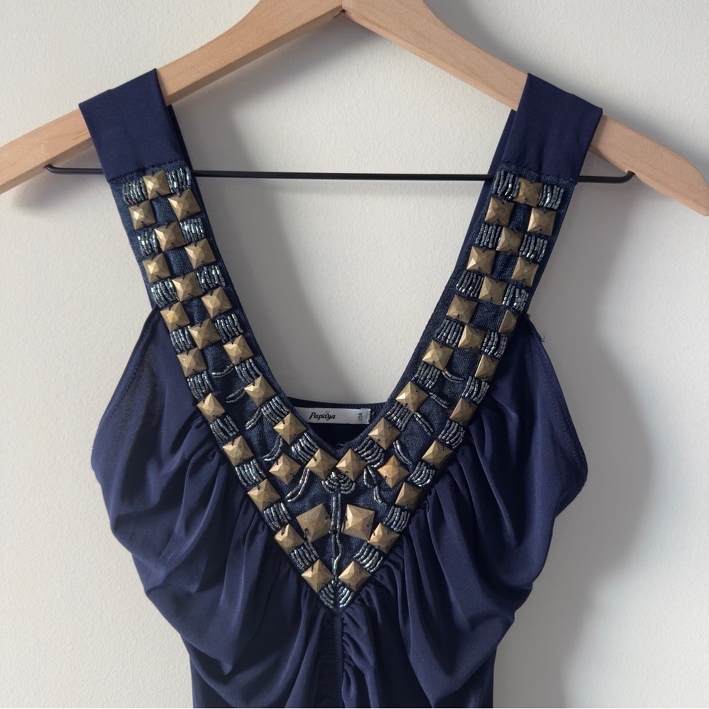 Vintage 2000s Papaya Navy Ruched Embellished Bodycon Mini Dress V-Neck Y2K Blue