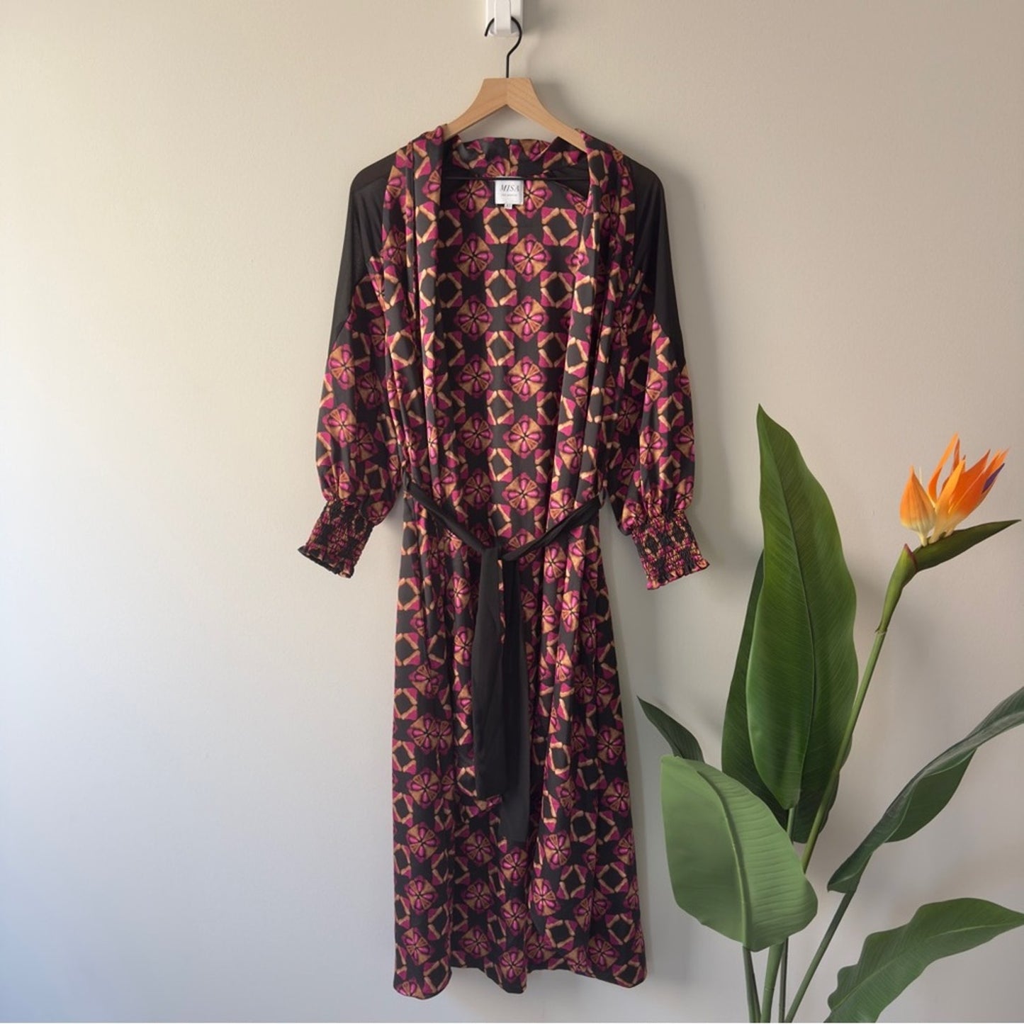 Misa Los Angeles Floral Wrap Dress Robe Long Sleeve Tie Waist Made in USA XS EUC