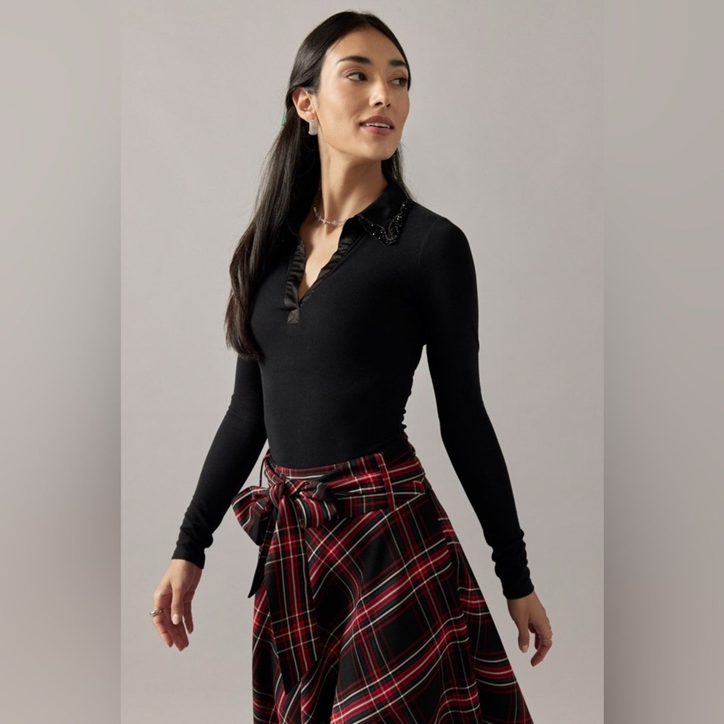 Francesca's Black Beaded Embellished Collar Bodysuit Long Sleeve Collared Ribbed