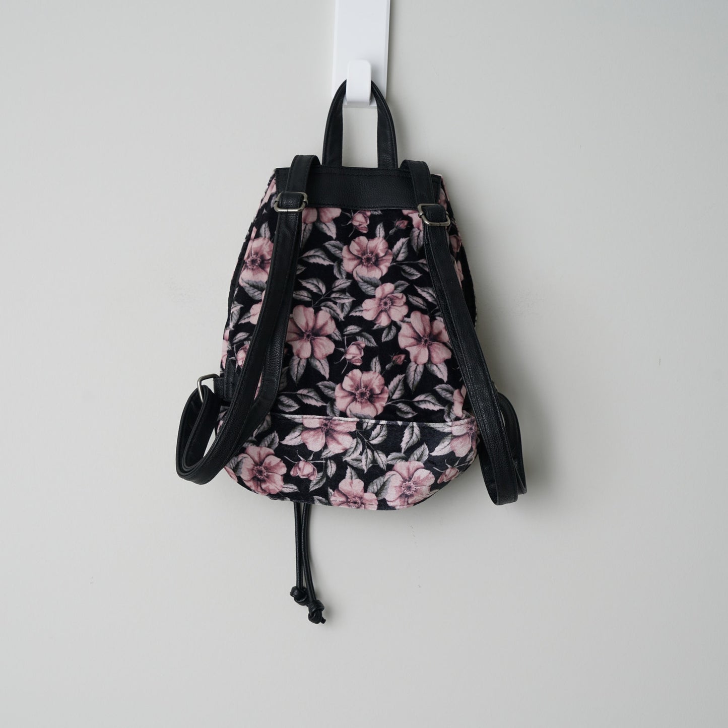 Velour Floral Backpack Faux Leather Straps Drawstring Velvet Mini Front Pocket
