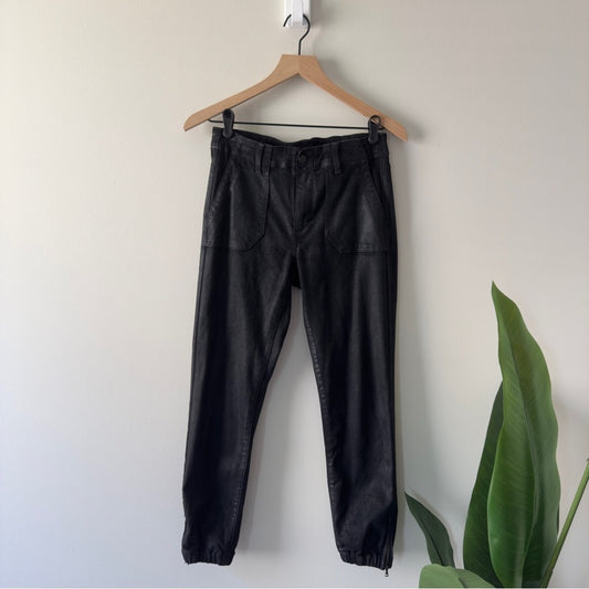 PAIGE Mayslie Jogger Black Casual Pants zipper ankles zip button pockets coated