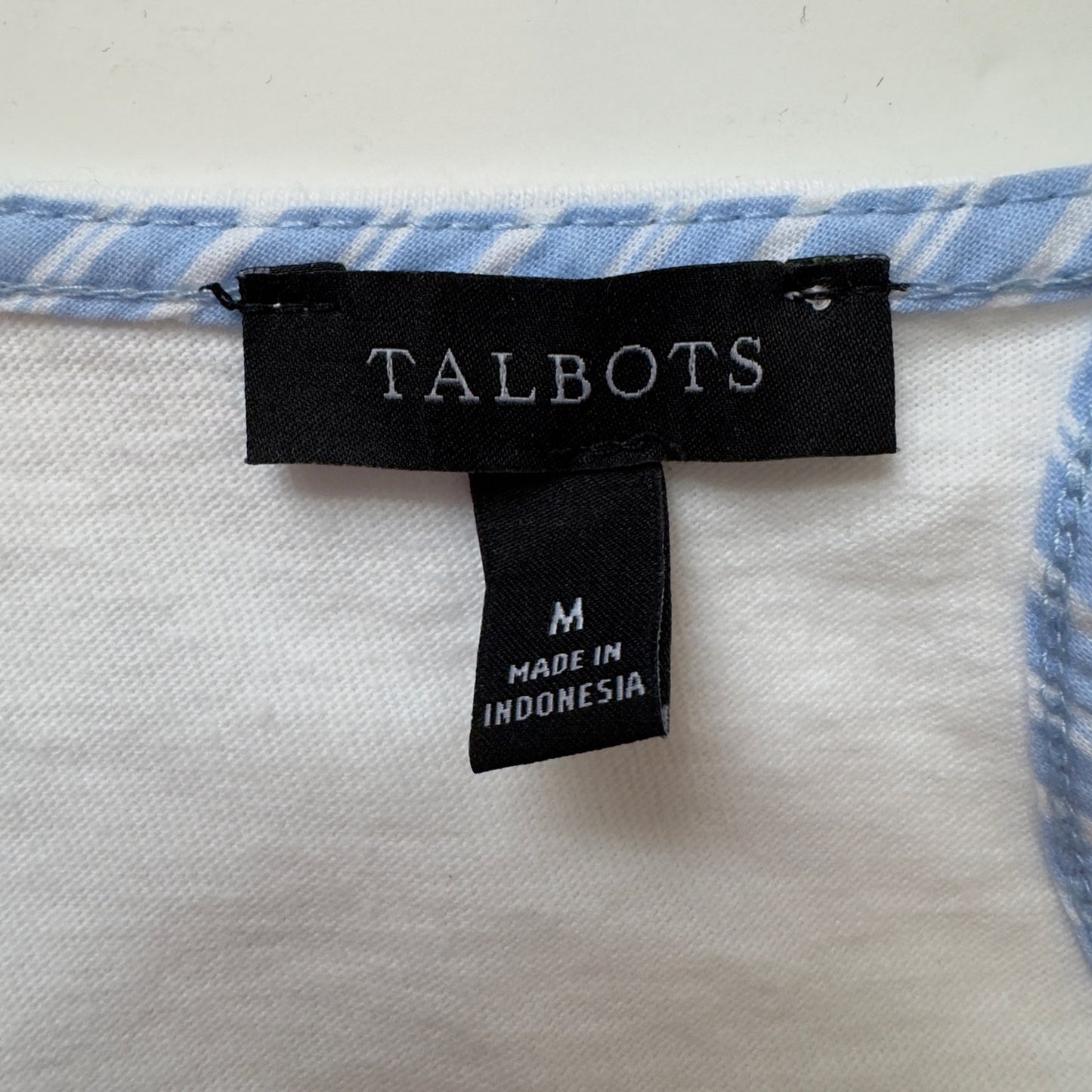 Talbots Blue Striped Puff Sleeve White Top Button Keyhole Back Preppy Spring EUC