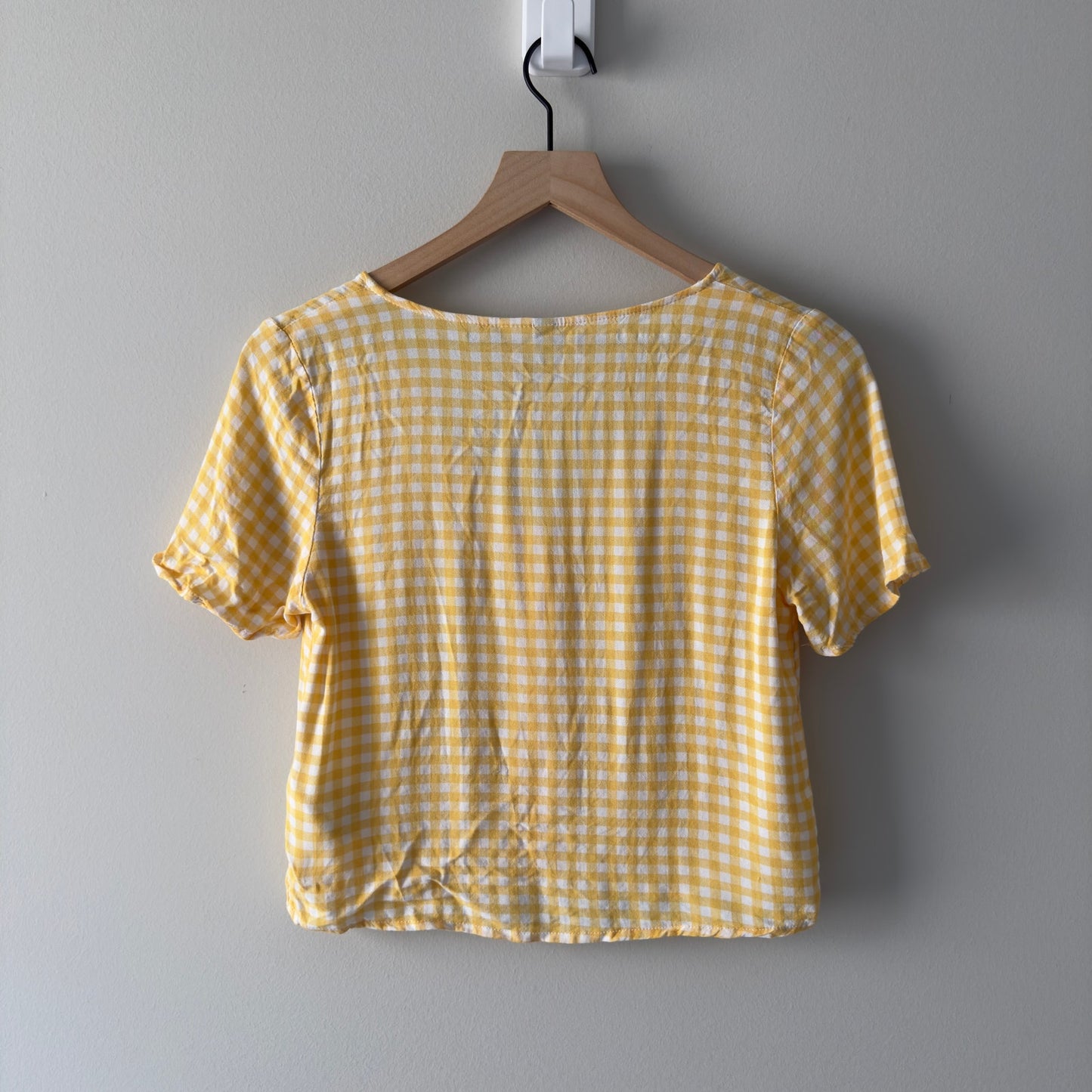 H&M Divided Yellow White Gingham Button Down Top Short Sleeve Cropped Summer EUC