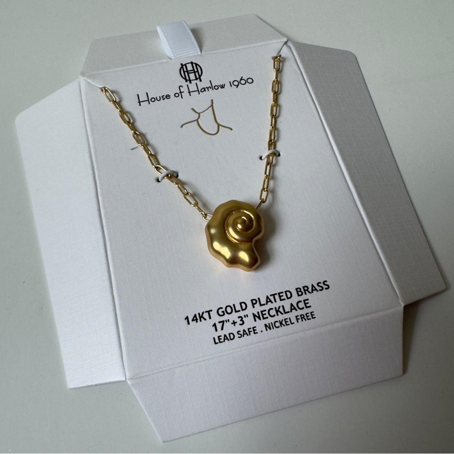 House of Harlow 1960 14KT Gold Pleated Brass Spiral Seashell Necklace Chain Hook