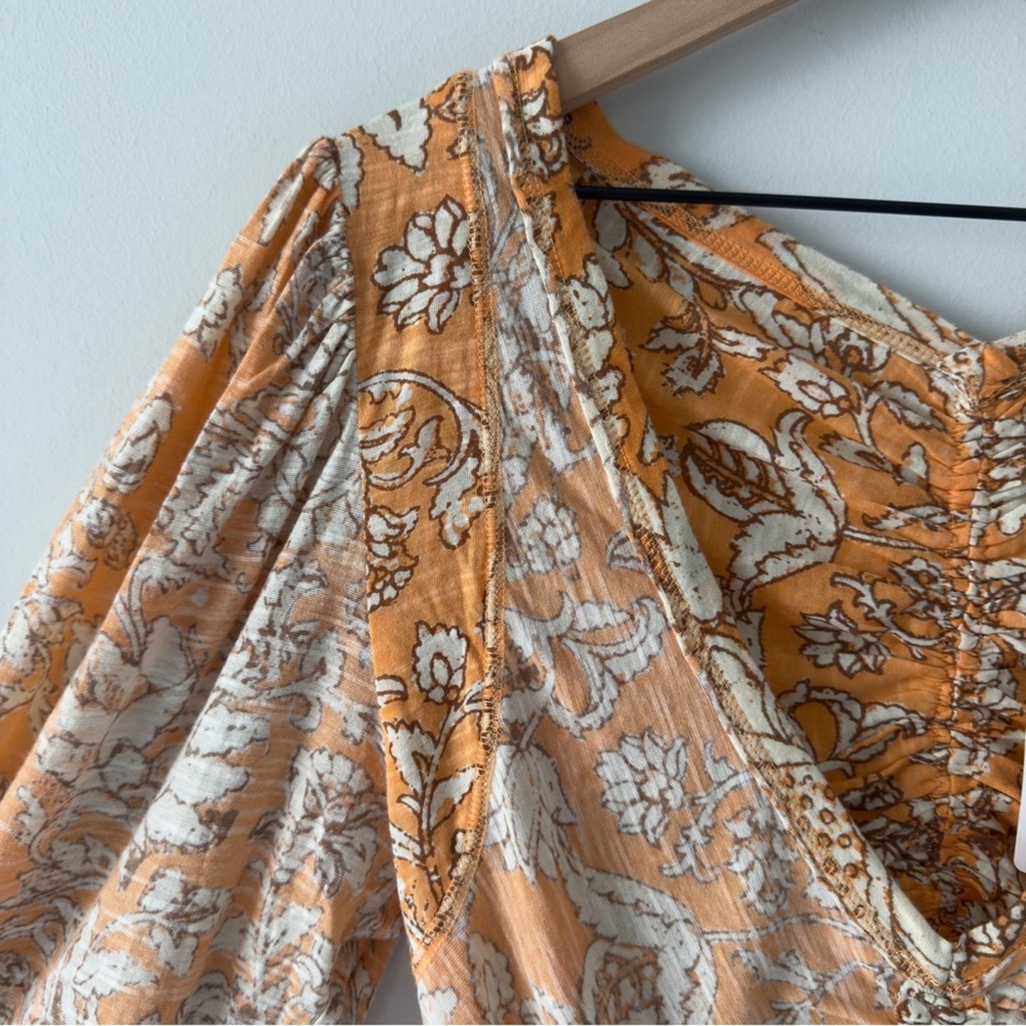 Free People Say the Word Top in Blood Orange Combo Floral Ruched long sleeve NWT