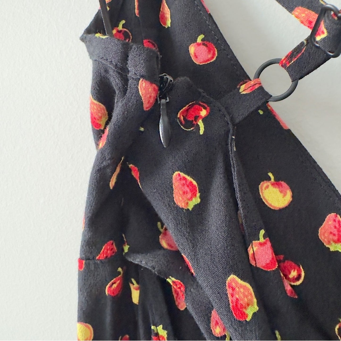 Kimchi Blue Urban Outfitters Fruit Print Black Red Strappy Dress Deep B-Neck EUC