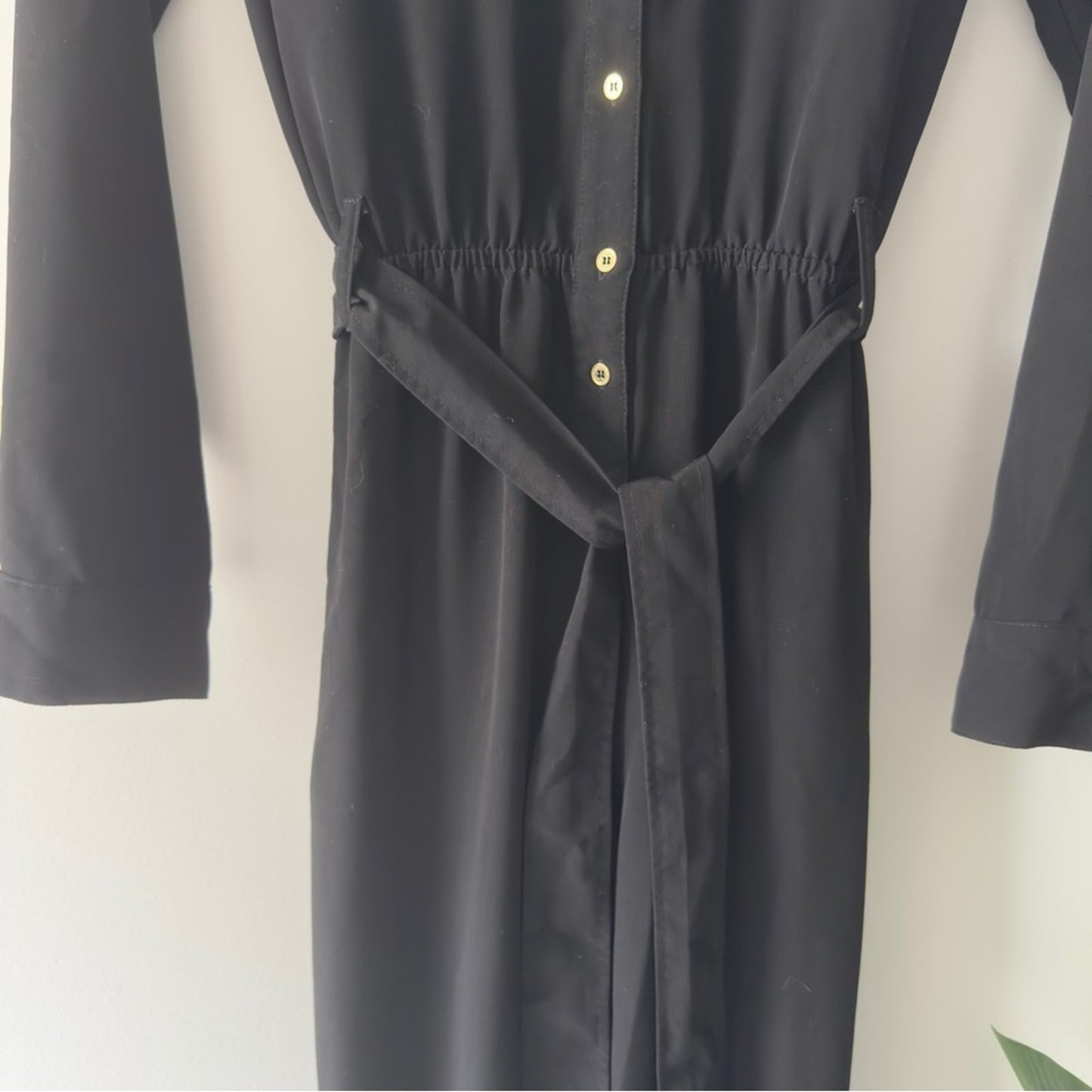 Calvin Klein Black Button-Up Front Jumpsuit Gold Accents Zipper Pockets Tie Belt