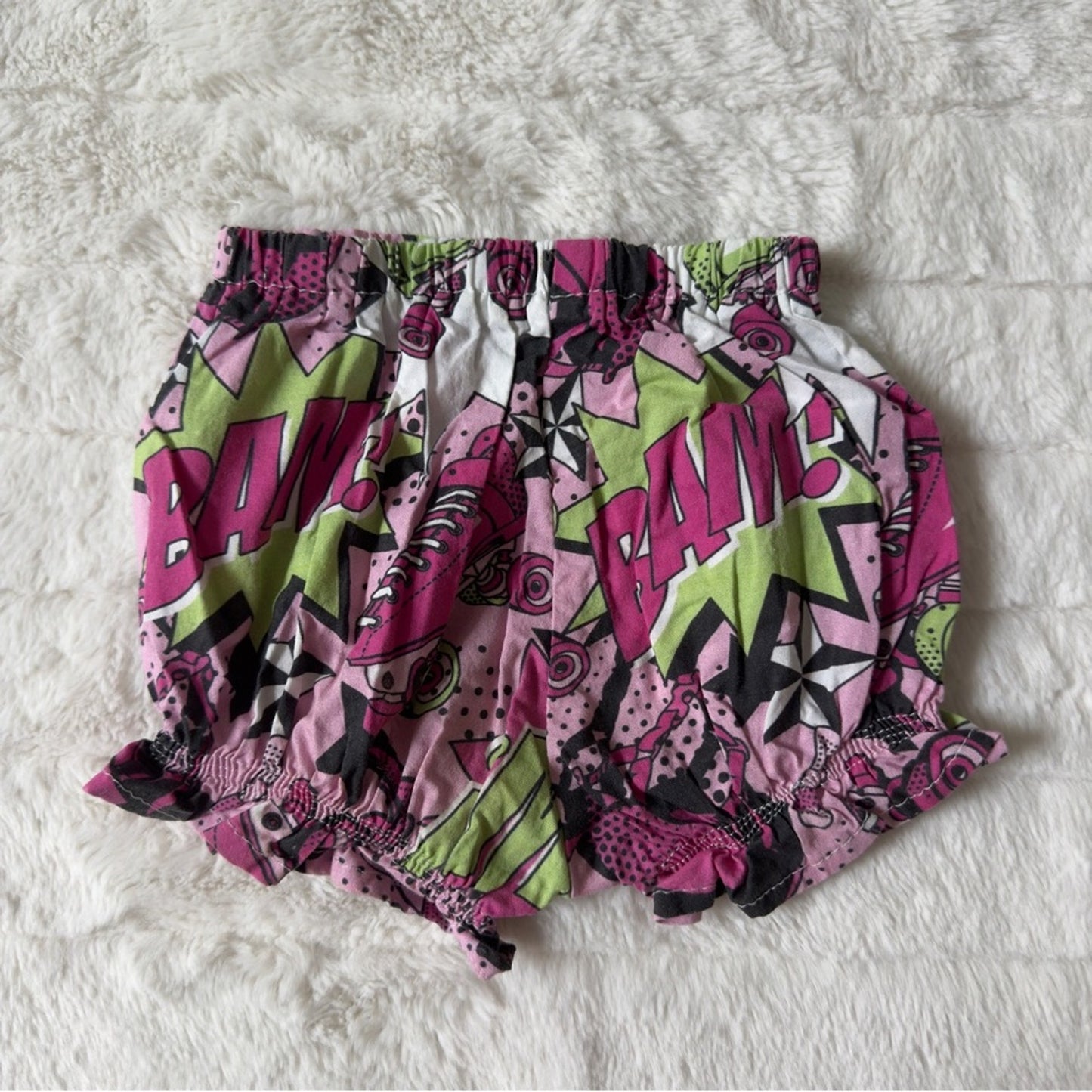 Handmade Bam! Roller Skate Pink Green Graphic Print Baby Girl bloomers shorts