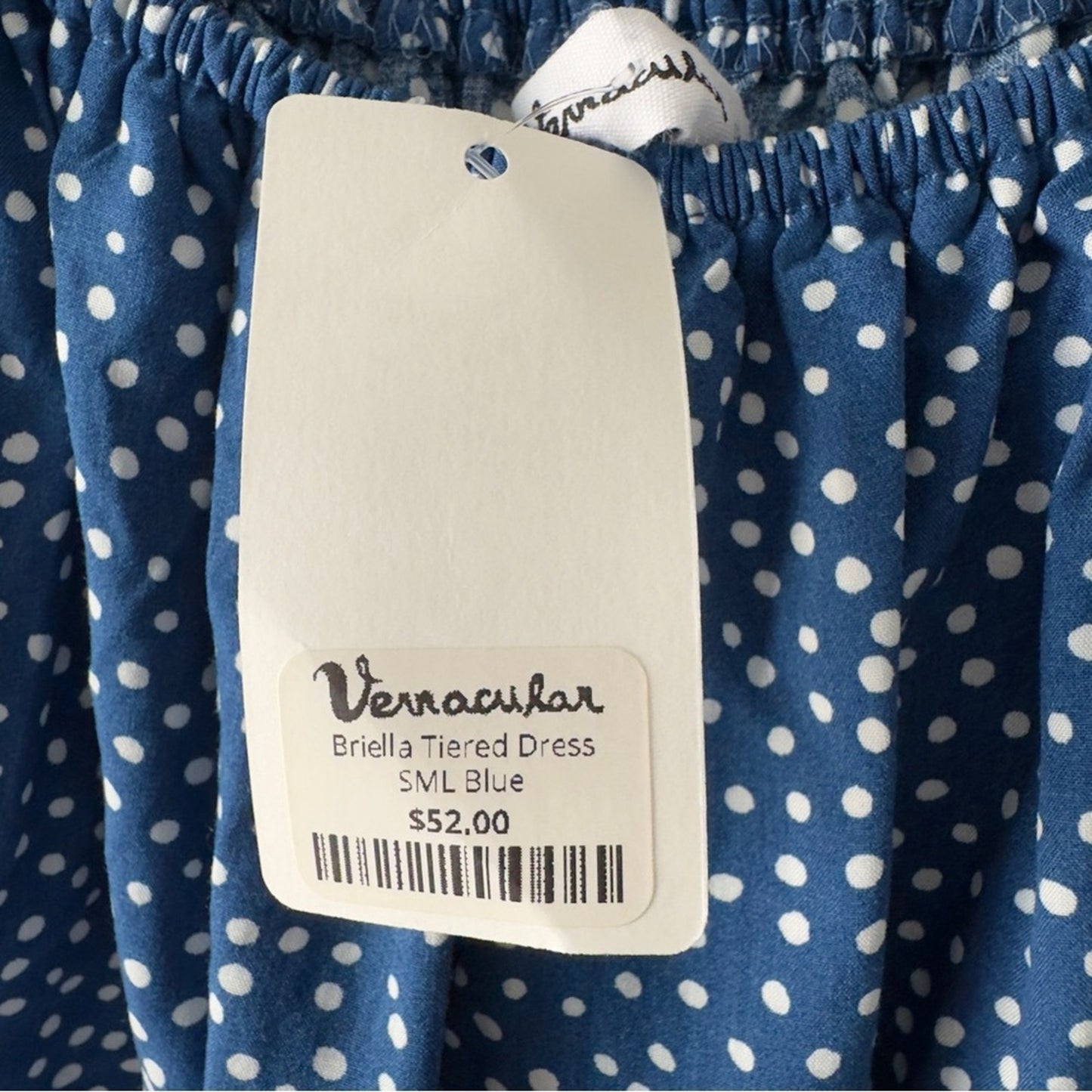 NWT Vernacular Off the Shoulder Blue White Polka Dot Dress Tiered Romantic Midi