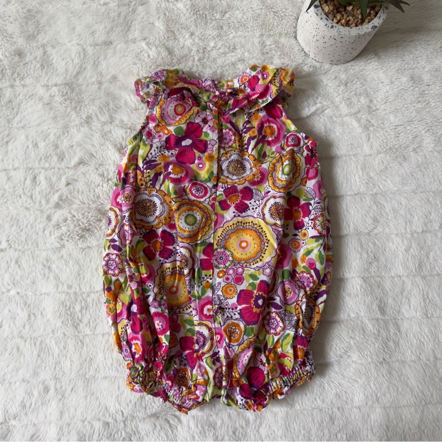 Vera Bradley Baby Colorful Floral Romper Ruffle Neckline smocked legs one piece