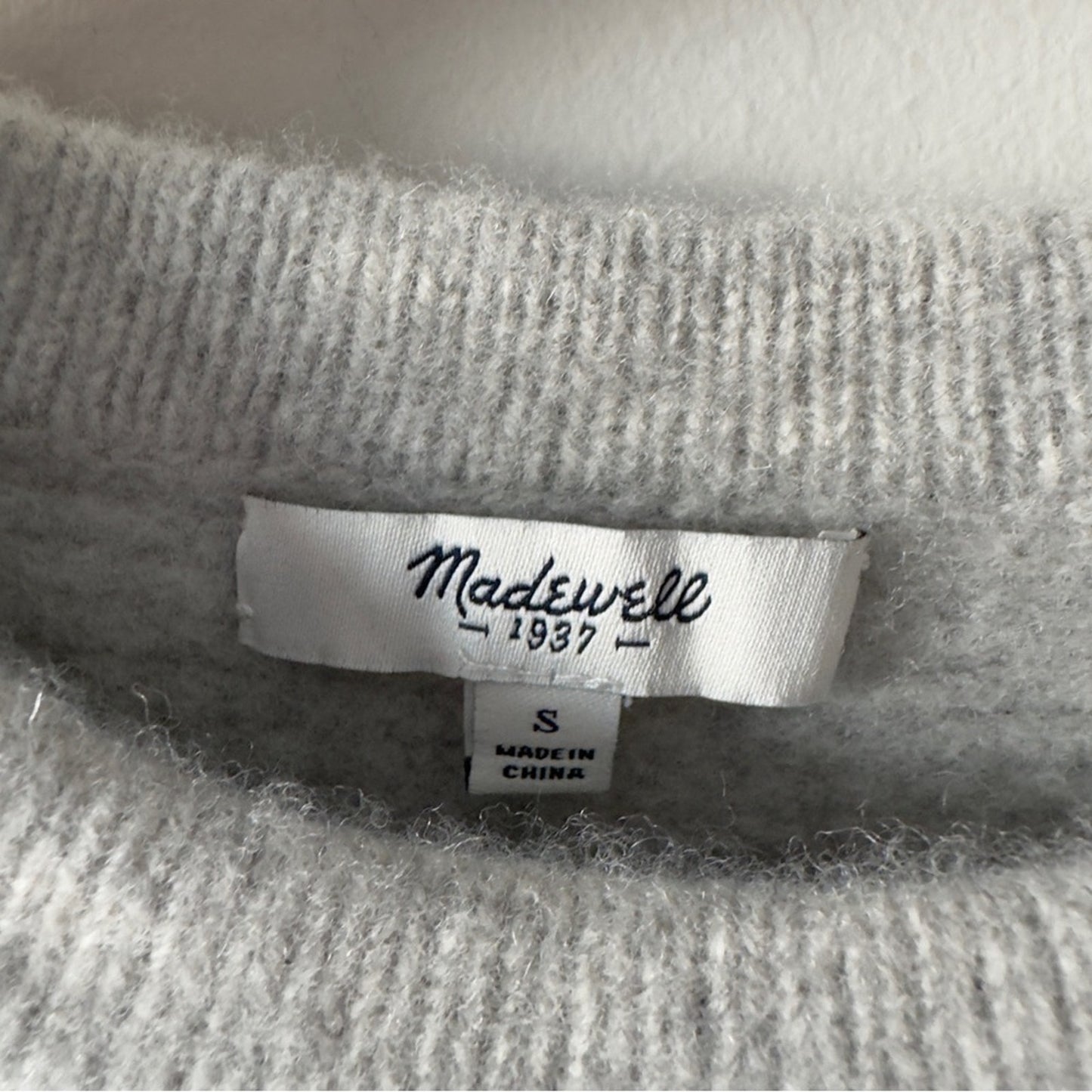 Madewell 100% Merino Wool Light Gray Crew Neck Sweater 3/4 Sleeve Grid Knit