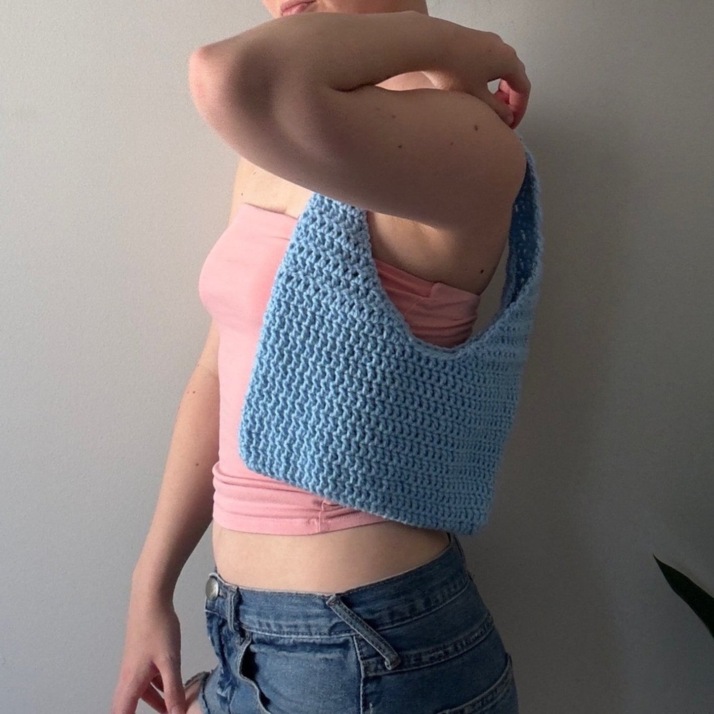 Handmade Crochet Y2K Light Blue Shoulder Bag Solid Knit Cute Lightweight