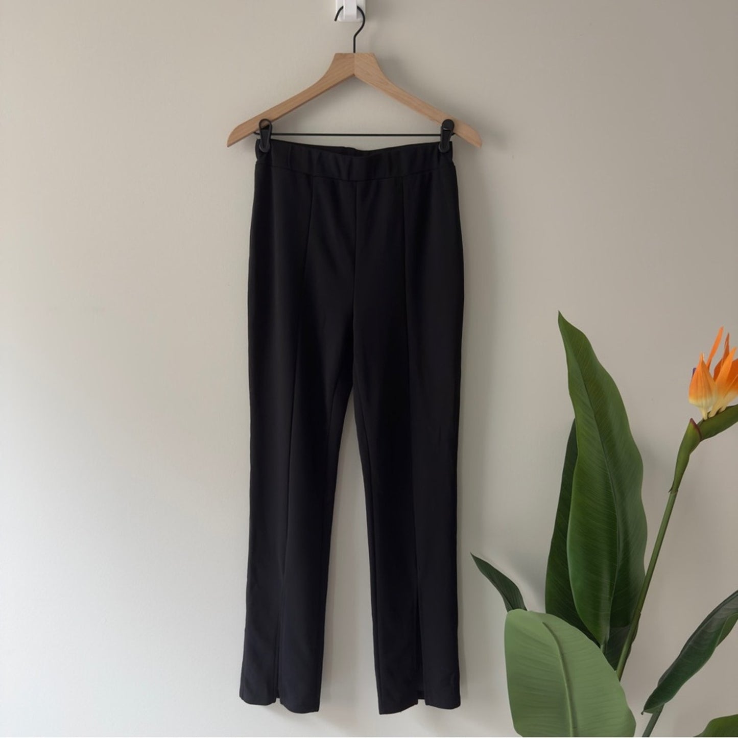 Business Casual Slit Front Leg Black Women's Pants Stretch Solid Unbranded Work