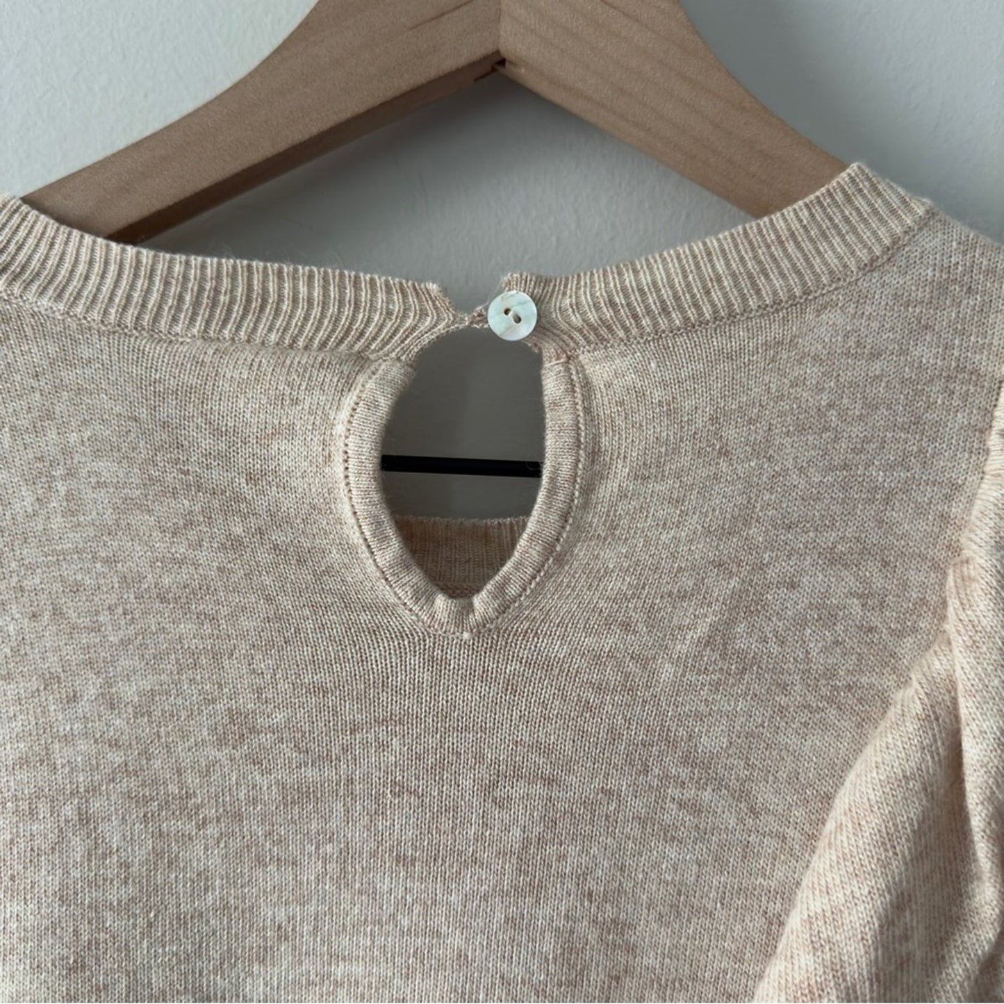 Anthropologie Moth Ruffle Beige tight Knit Sweater long sleeve crew neck keyhole