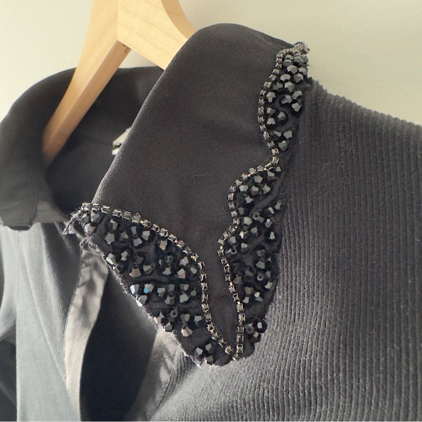 Francesca's Black Beaded Embellished Collar Bodysuit Long Sleeve Collared Ribbed