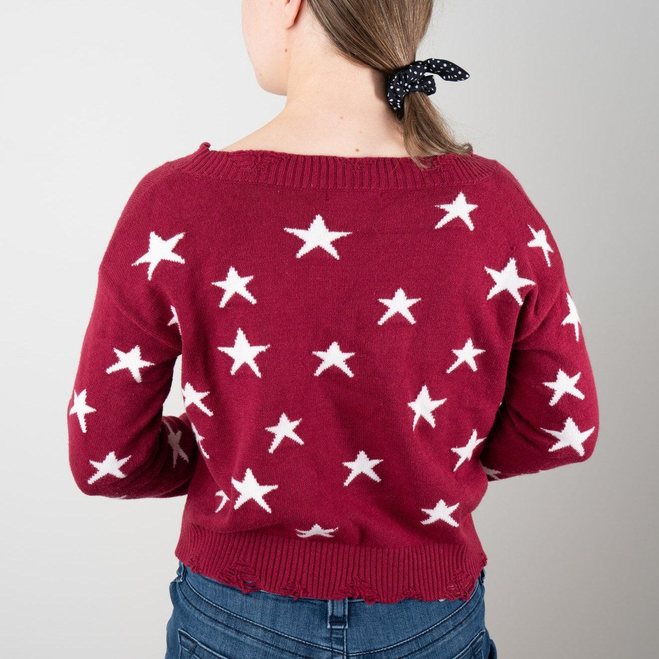 Wild Honey Star Pattern V-Neck Sweater Pullover Long Sleeve Distressed Hem Crop