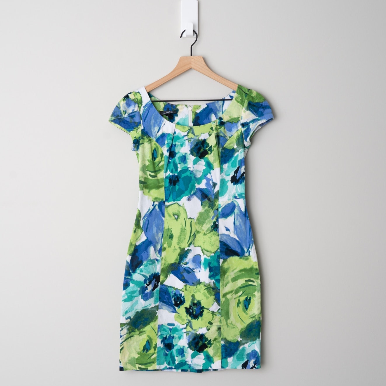 A. Byer Floral Bodycon Pencil Mini Dress Cap Sleeves Cotton Stretch Zip Up Y2K 3