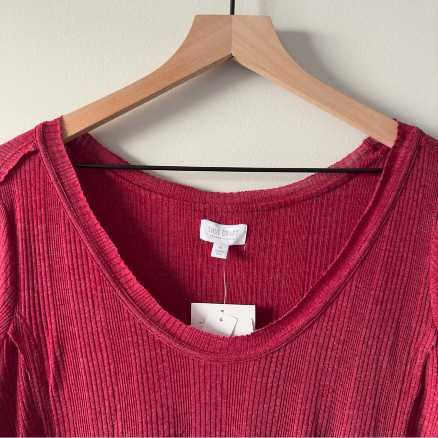 True Craft Red Babydoll Top Long Sleeve round neck cotton blend solid ribbed NWT