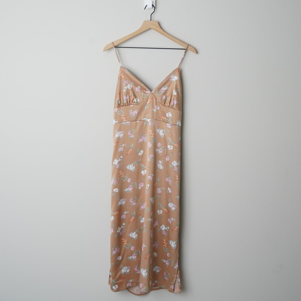 Pink Rose Floral Midi Dress Slit Side Open Tie Bow Back Spaghetti Strap Spring L