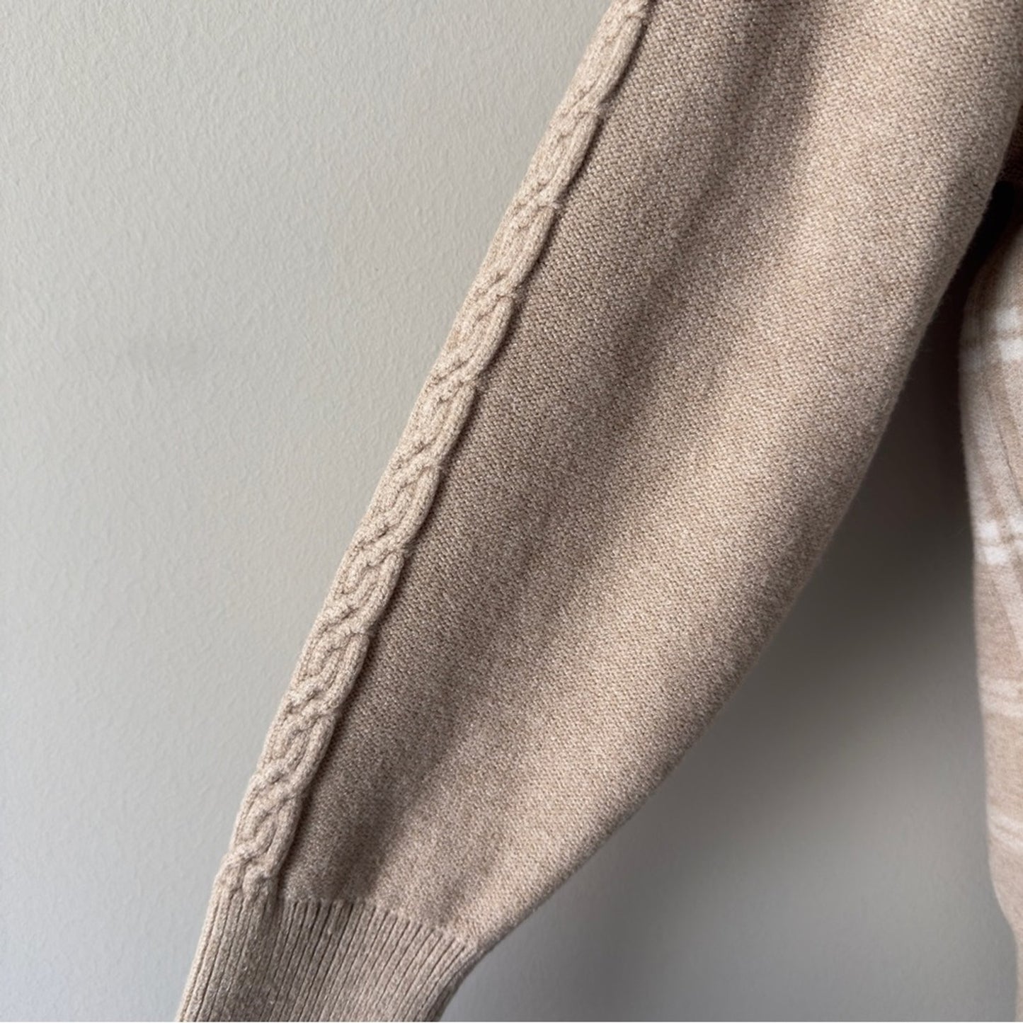Joie Beige Plaid Cardigan long sleeve cable knit accent button down front