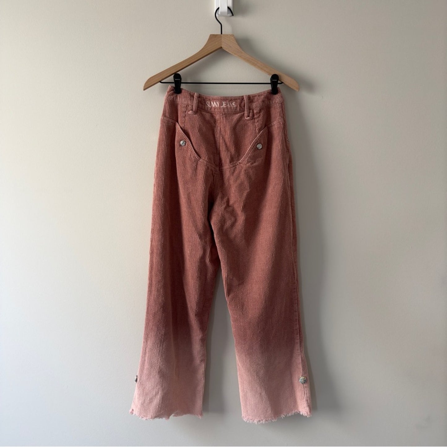 House of Sunny Pink Corduroy Pants Button Fly Ombre raw fringe hem pockets boho