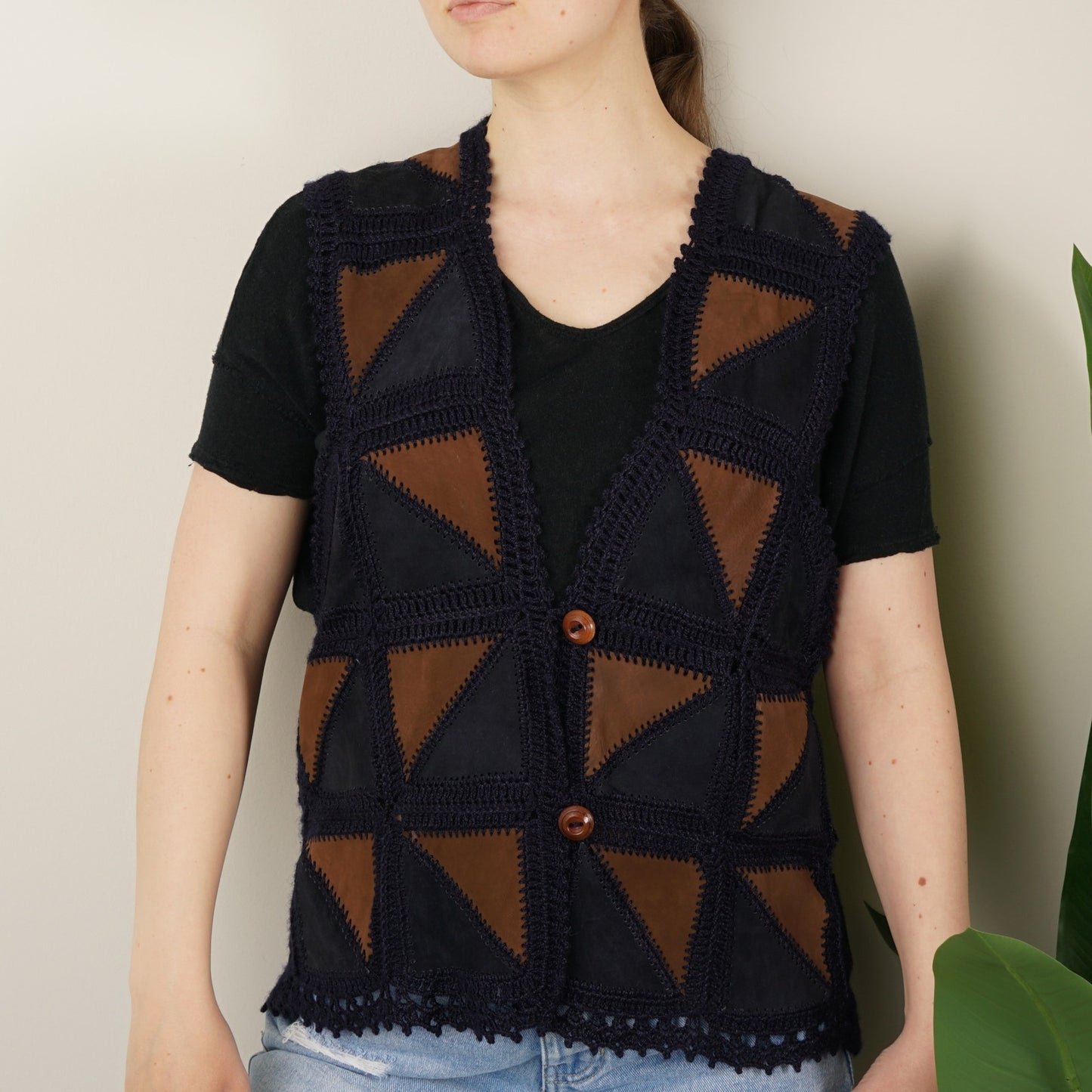 Vintage 1970s Suede Crochet Patchwork Vest Wooden Buttons Triangle Sleeveless