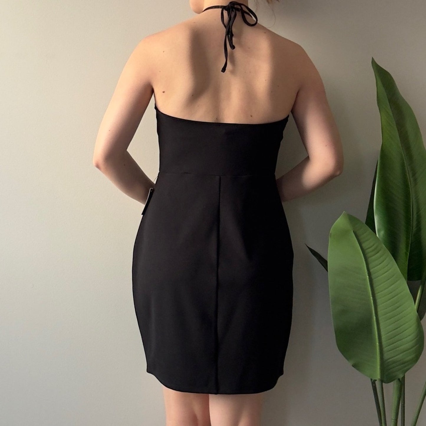 Express Black Halter Dress mini LBD solid tie bow neck party classic pencil NWT